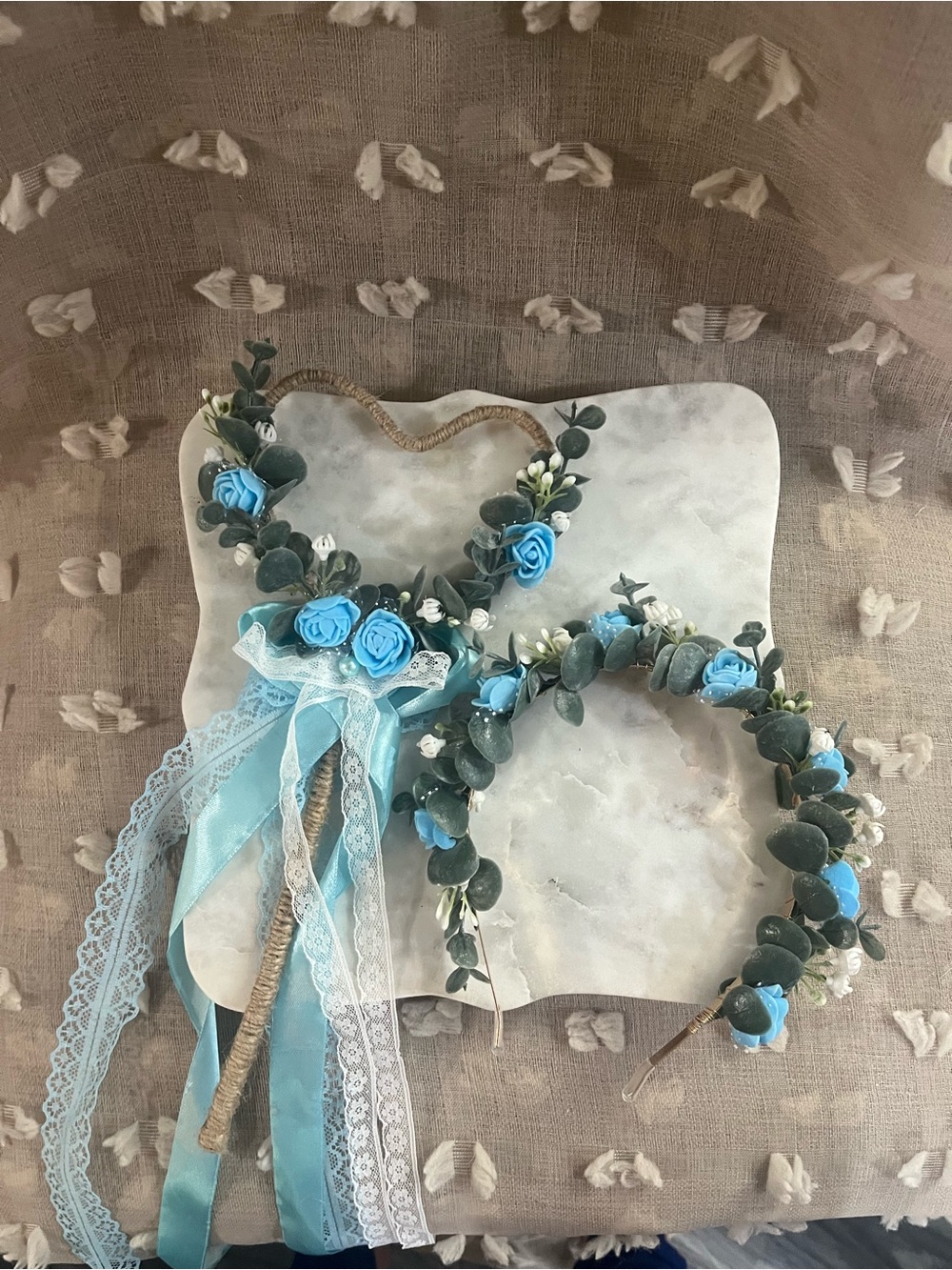 Blue Floral Eucalyptus Ribbon Flower Girl Wedding Headpiece Set
